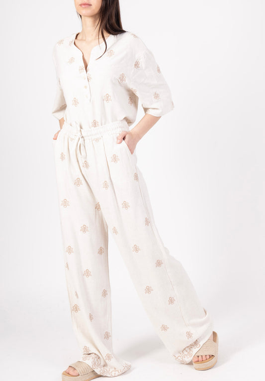(10€ la pièce) PANTALON PALAZZO EN LIN & COTON À BRODERIES SOLAIRES - COLLECTION RIVIERA CHIC 25VET09