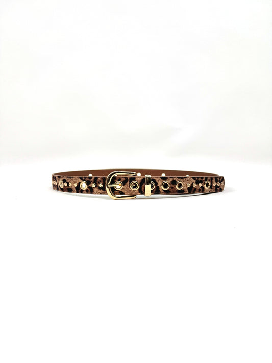 CEINTURE SYNTHÉTIQUE LÉOPARD FINITION BIJOU AVEC RIVETS ET BOUCLE D'OR 910285