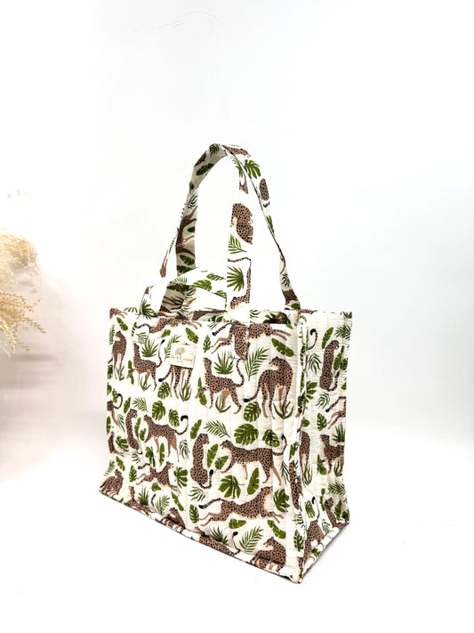 GRAND CABAS MATELASSÉ IMPRIMÉ FÉLIN & TROPICAL SC2628