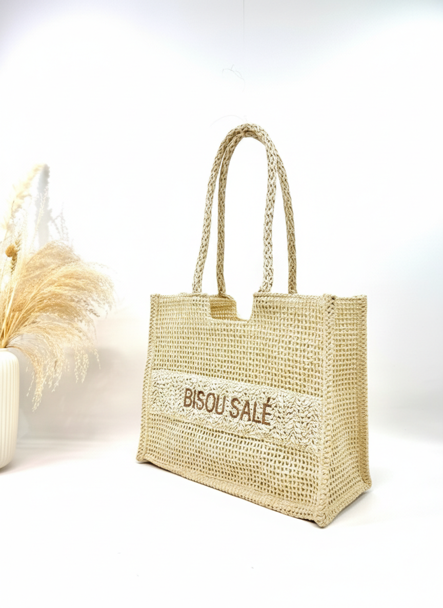 SAC CABAS DE PLAGE "Bisou Salé" L'ACCESSOIRE SOLAIRE EN PAPIER TRESSÉ SC2601