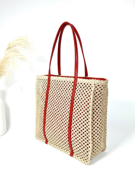 SAC CABAS PANIER DE PLAGE "Riviera" MAILLE NATURELLE & ANSES COLORÉES SC2509