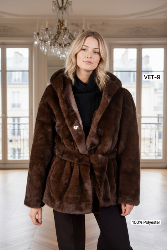VESTE EN FAUSSE FOURRURE DE VISON À CEINTURE VET-9