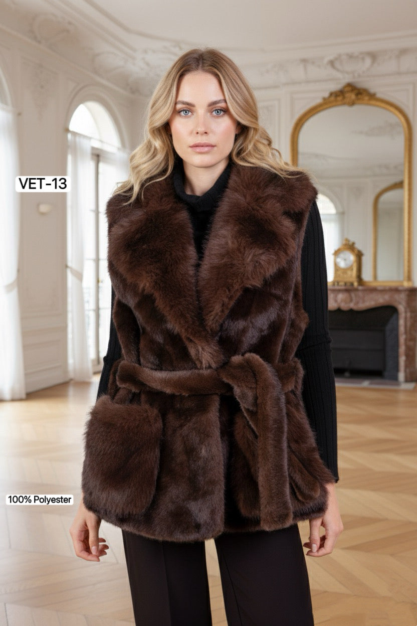 FAUX FUR VEST WITH CENTERED BELT VET-13