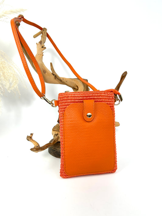 LOUISE ITALIAN TWO-TONE LEATHER AND RAFFIA PHONE POUCH WITH SNAP CLOSURE