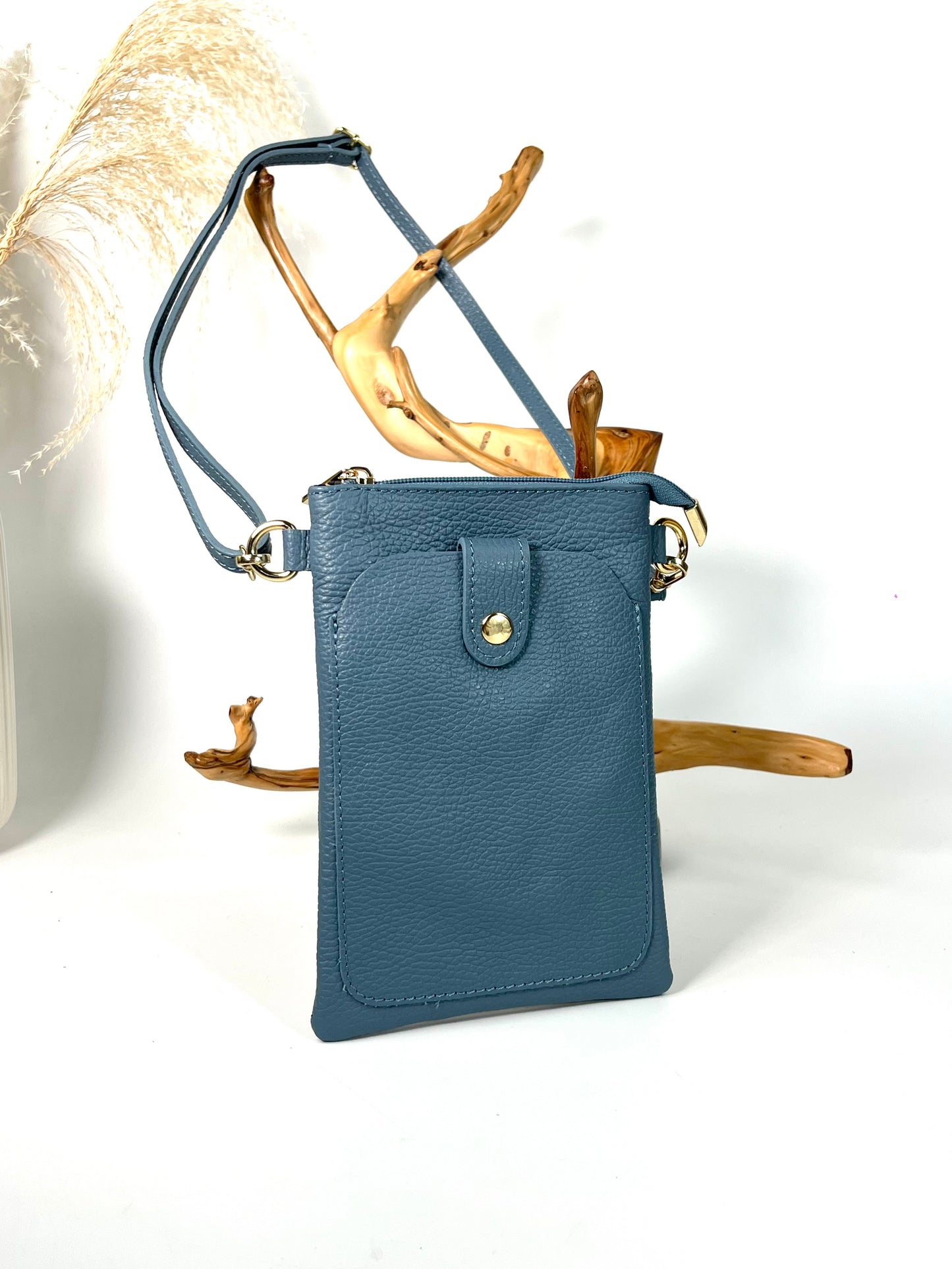 LOUISE ITALIAN TWO-TONE LEATHER AND RAFFIA PHONE POUCH WITH SNAP CLOSURE