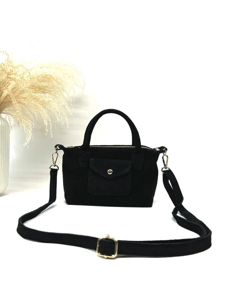 Italian Suede Leather Handbag Shoulder Bag, Compact, Cute and Elegant, Plain