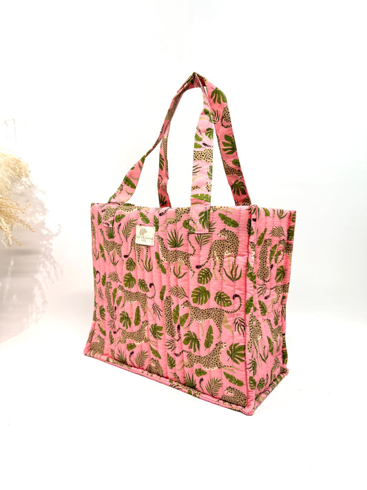 GRAND CABAS MATELASSÉ IMPRIMÉ FÉLIN & TROPICAL SC2628