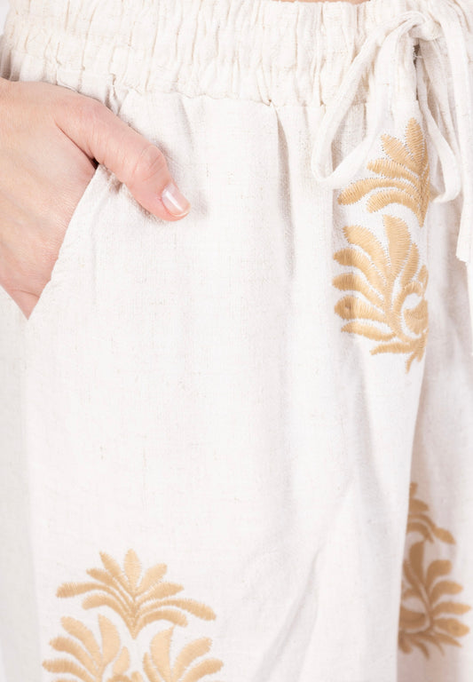 (10€ la pièce) LOT DE 4 PANTALON LARGE EN LIN & COTON AVEC BRODERIES DORÉES - STYLE BOHÈME CHIC 25VET06