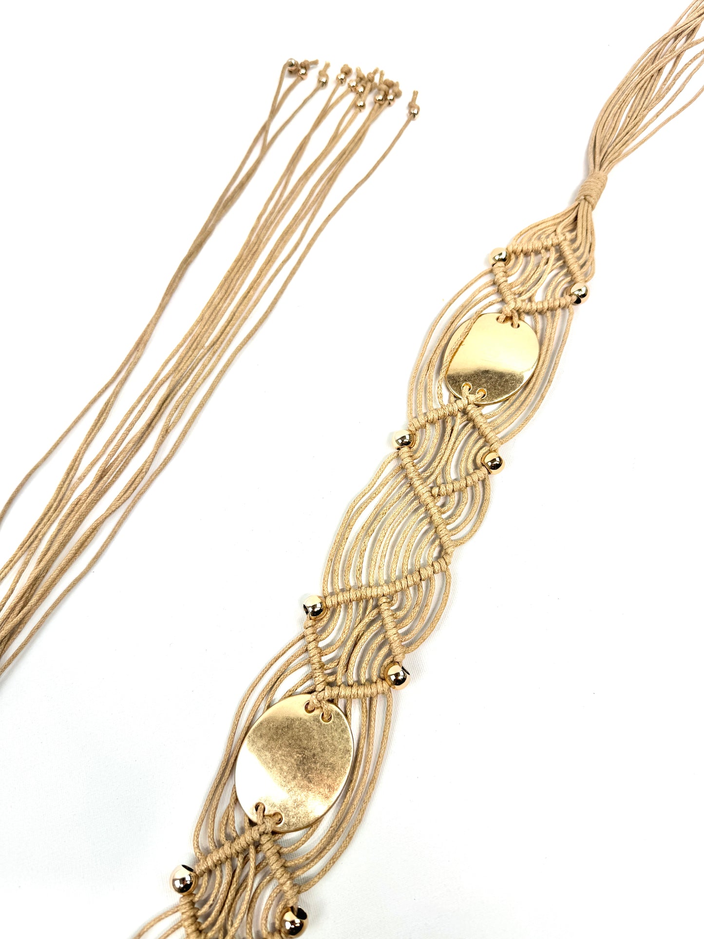 CEINTURE SYNTHÉTIQUE MACRAMÉ "Aura Solaire" TISSAGE SABLE & PASTILLES DORÉES 910288