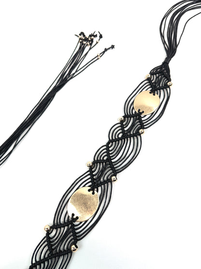 CEINTURE SYNTHÉTIQUE MACRAMÉ "Aura Solaire" TISSAGE SABLE & PASTILLES DORÉES 910288