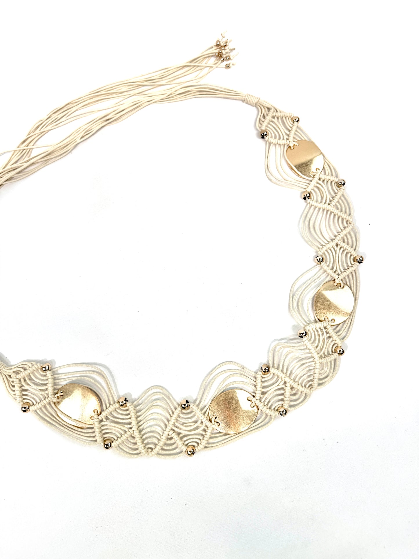 CEINTURE SYNTHÉTIQUE MACRAMÉ "Aura Solaire" TISSAGE SABLE & PASTILLES DORÉES 910288