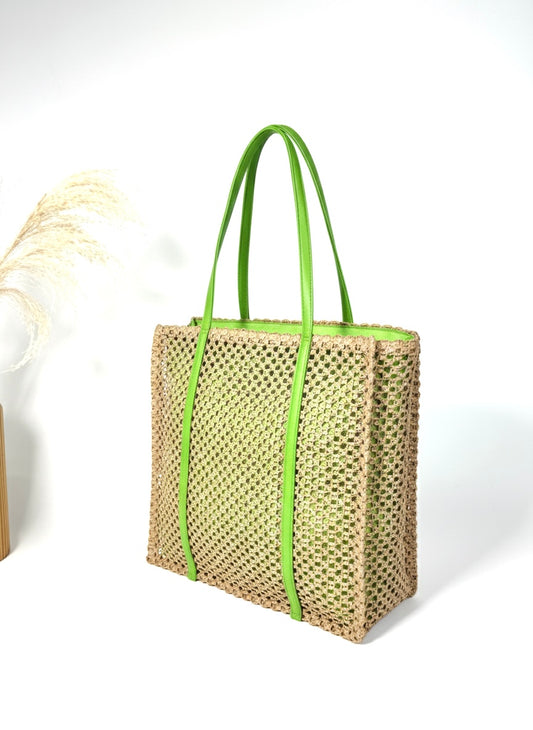 SAC CABAS PANIER DE PLAGE "Riviera" MAILLE NATURELLE & ANSES COLORÉES SC2509