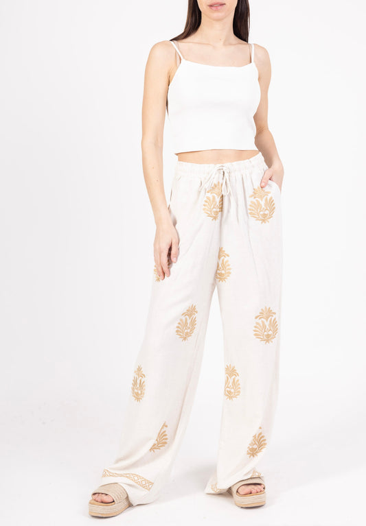 (10€ la pièce) LOT DE 4 PANTALON LARGE EN LIN & COTON AVEC BRODERIES DORÉES - STYLE BOHÈME CHIC 25VET06