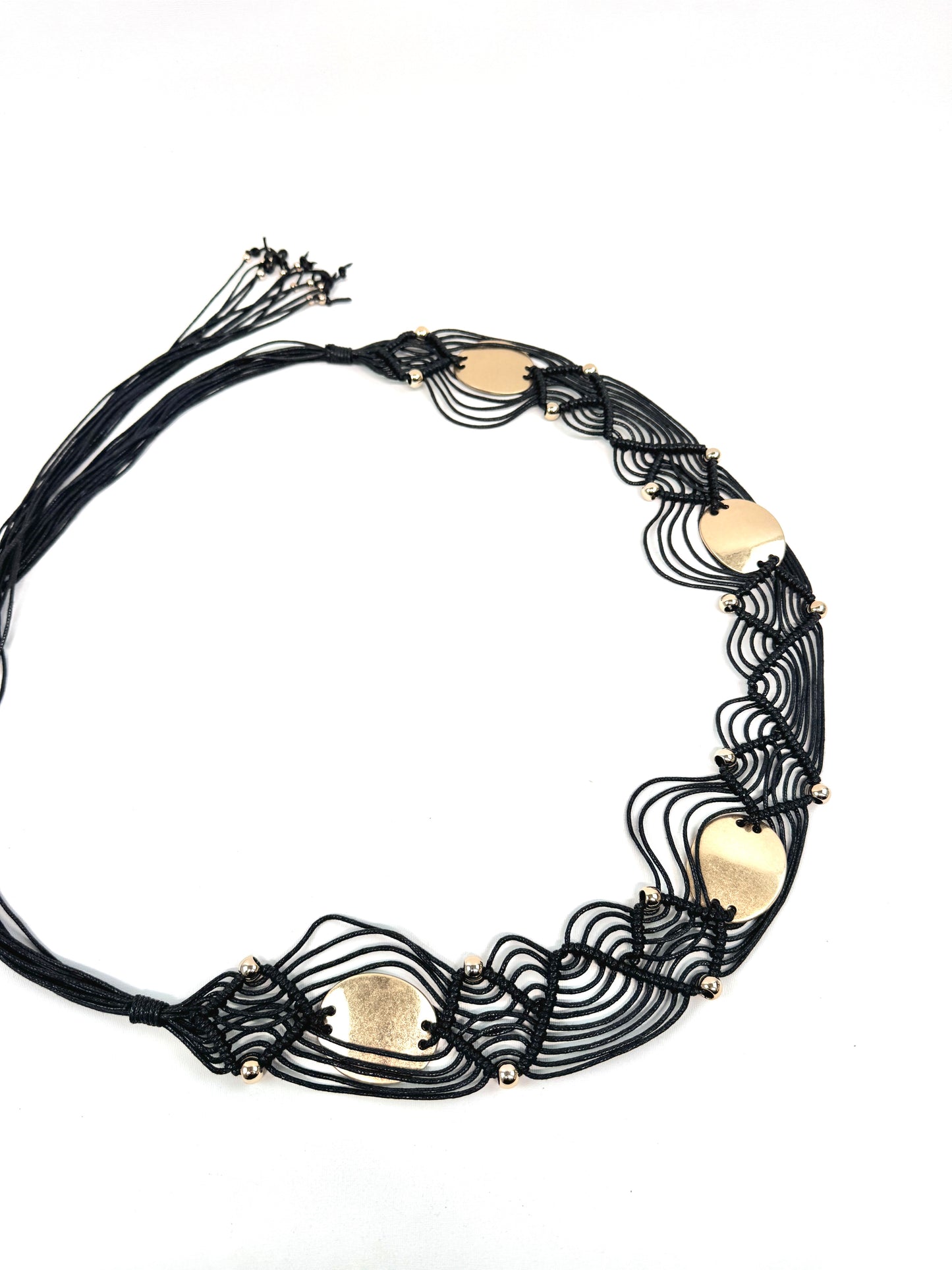 CEINTURE SYNTHÉTIQUE MACRAMÉ "Aura Solaire" TISSAGE SABLE & PASTILLES DORÉES 910288