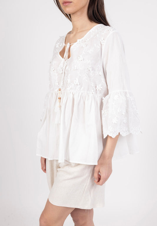 (11€ la pièce) LOT DE 4 HAUT TUNIQUE FLUIDE DE COTON - DÉTAILS BRODÉS & BOUTONS NACRÉS 25VET05