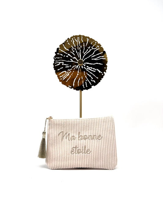 POCHETTE TROUSSE DOUCEUR "Ma bonne étoile" VELOURS CÔTELÉ & POMPON SOYEUX