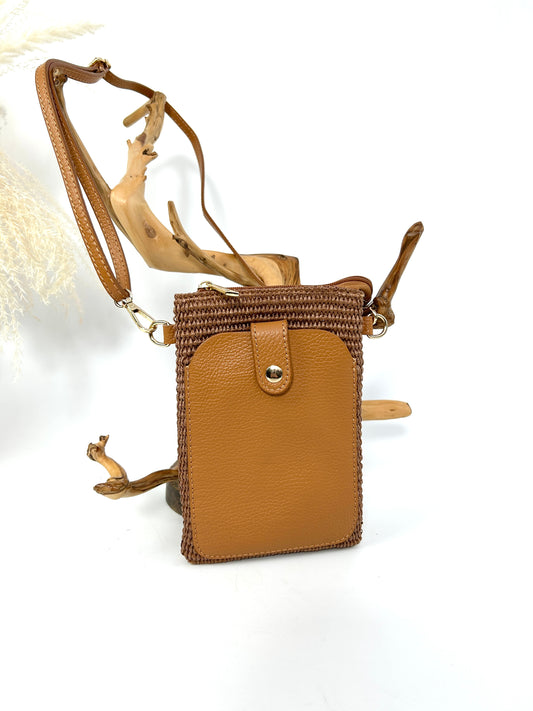 LOUISE ITALIAN TWO-TONE LEATHER AND RAFFIA PHONE POUCH WITH SNAP CLOSURE