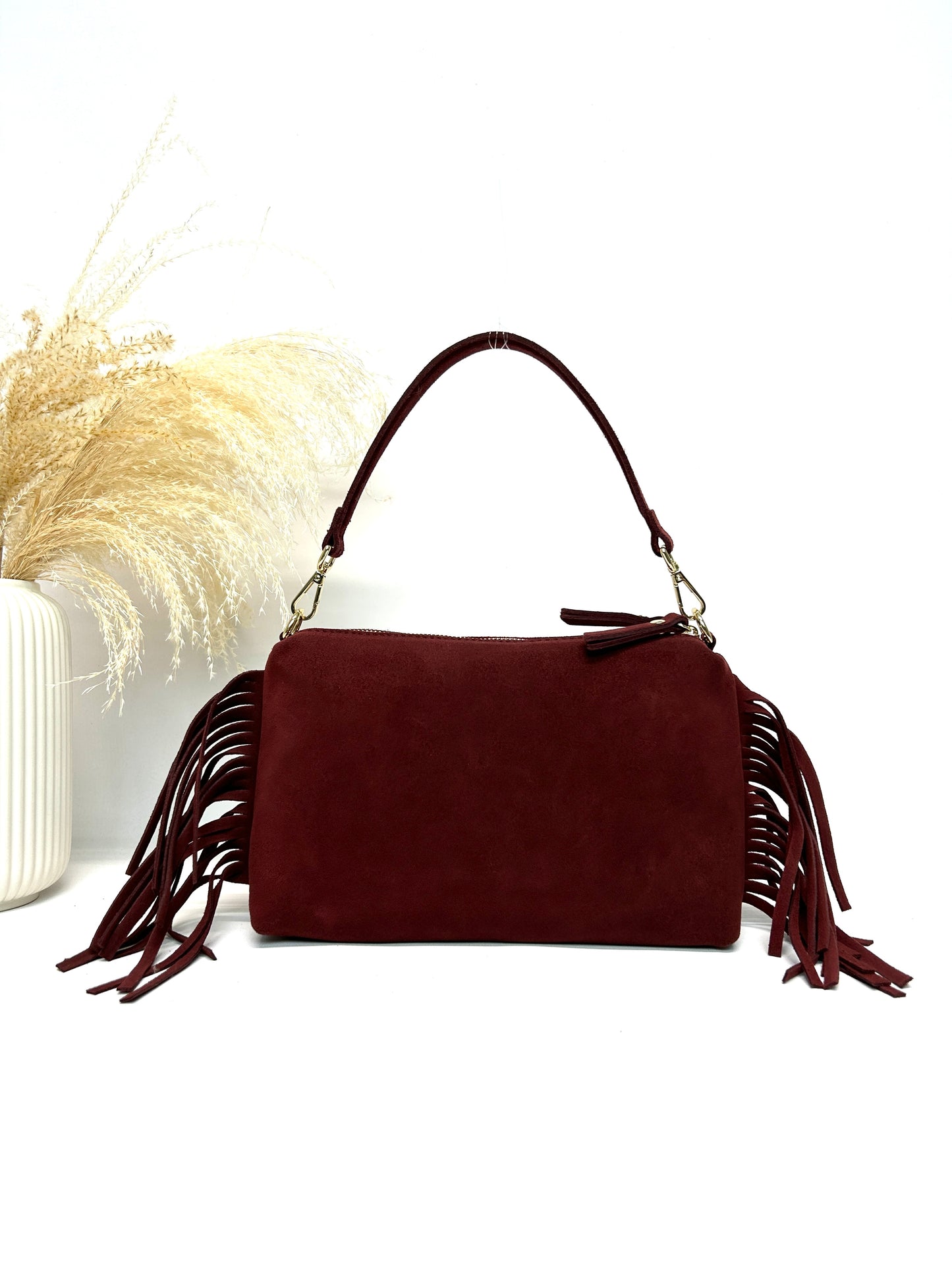 LAURENE MODERN ITALIAN SUEDE LEATHER HANDCRAFTED AND SHOULDER BAG WITH FRINGES