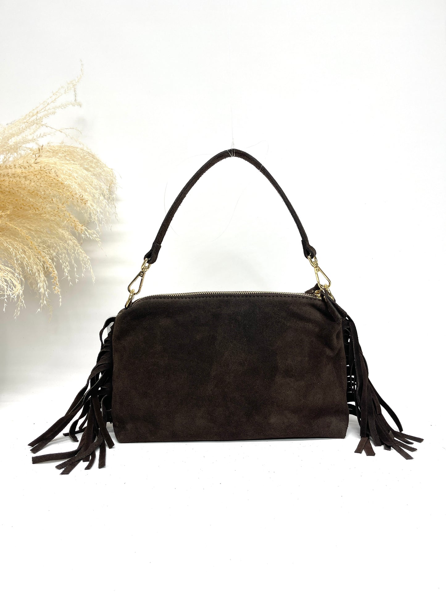 LAURENE MODERN ITALIAN SUEDE LEATHER HANDCRAFTED AND SHOULDER BAG WITH FRINGES
