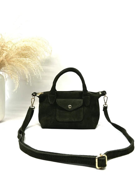 Italian Suede Leather Handbag Shoulder Bag, Compact, Cute and Elegant, Plain